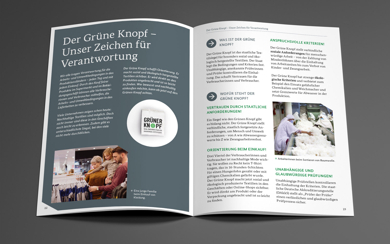 Innenseiten der Broschüre "Nachhaltige Textilien" vom BMZ, Thema: Der grüne Knopf